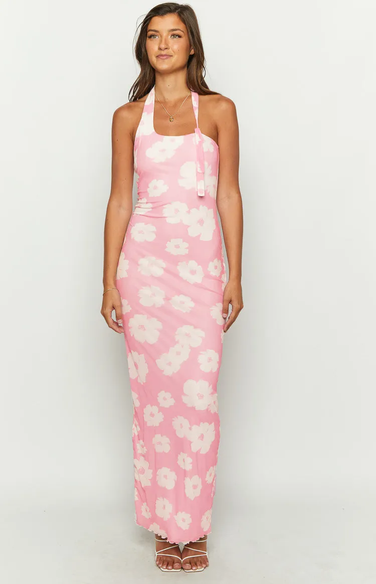 Aimee Pink Floral Maxi Halter Dress