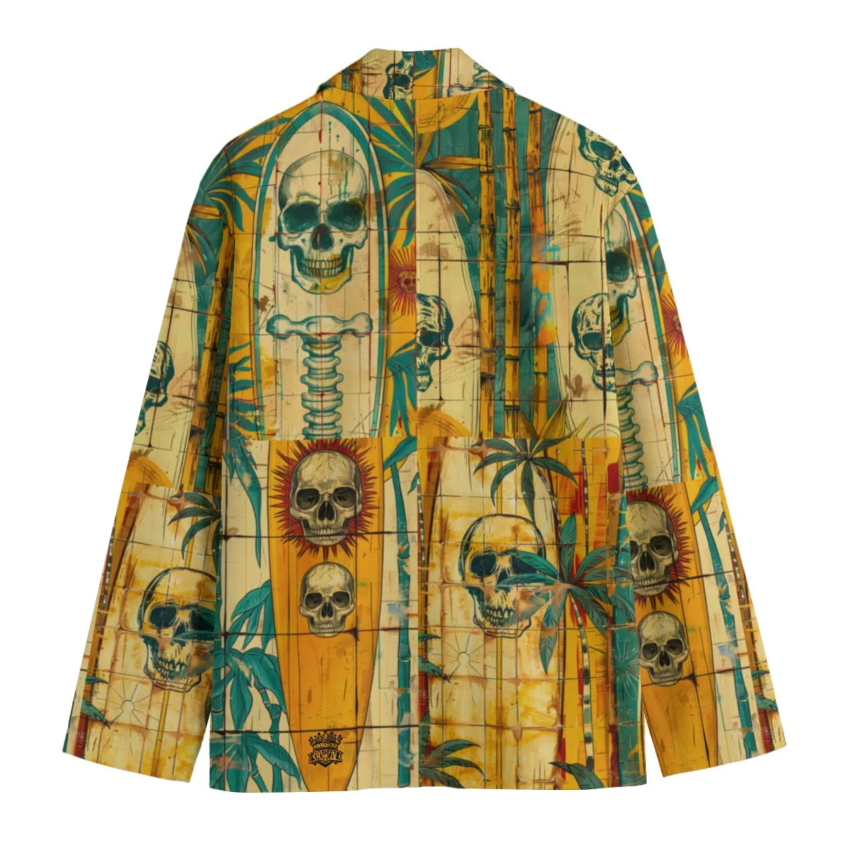 All-Over Print Men's Casual Flat Lapel Collar Blazer | 245GSM Cotton surfboard/skull print