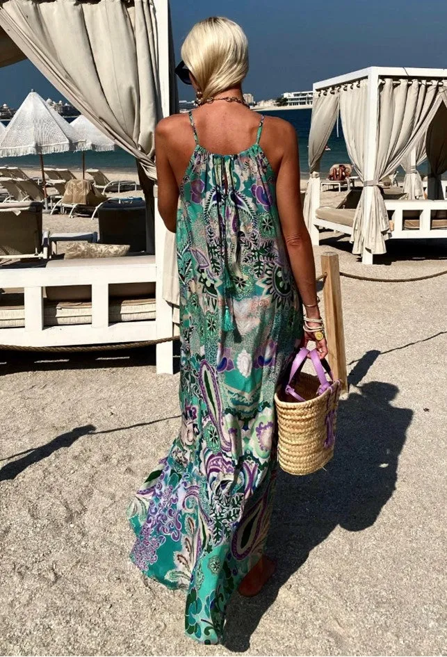 Aqua Black Silk Designer Maxi Dress