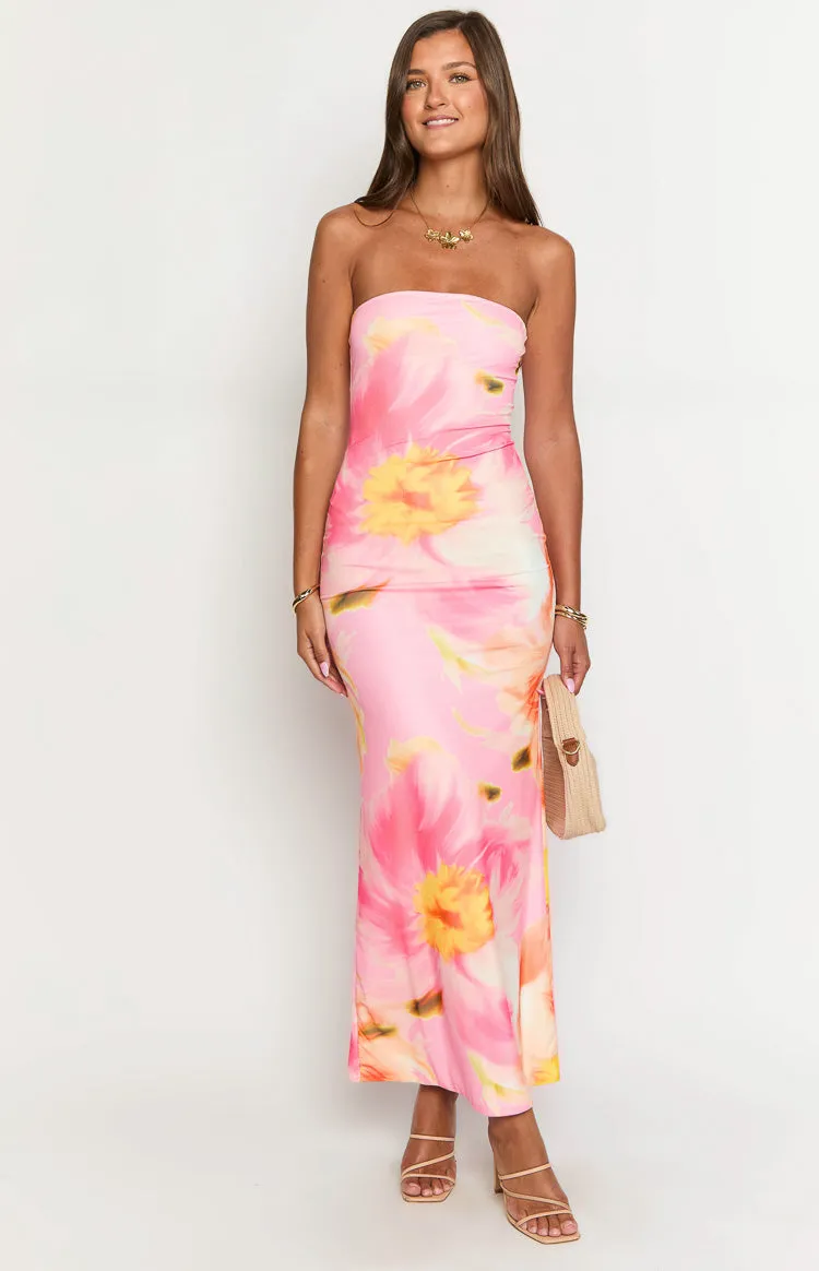 Arizona Pink And Orange Floral Mesh Maxi Dress