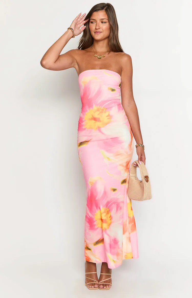 Arizona Pink And Orange Floral Mesh Maxi Dress