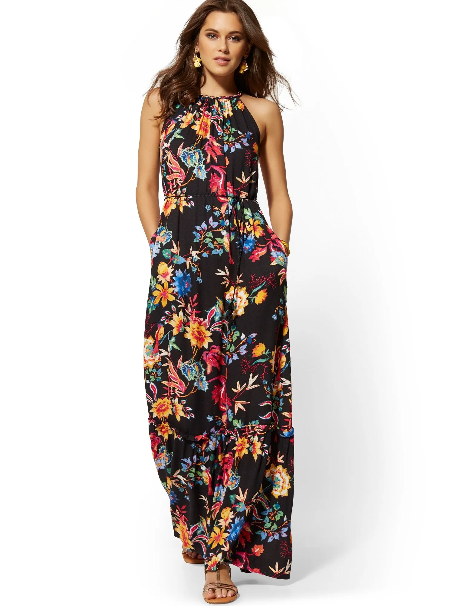 Black Floral Halter Maxi Dress