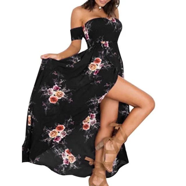 Bohemian Style Floral Print Off Shoulder Ankle-length Party Dress For Women