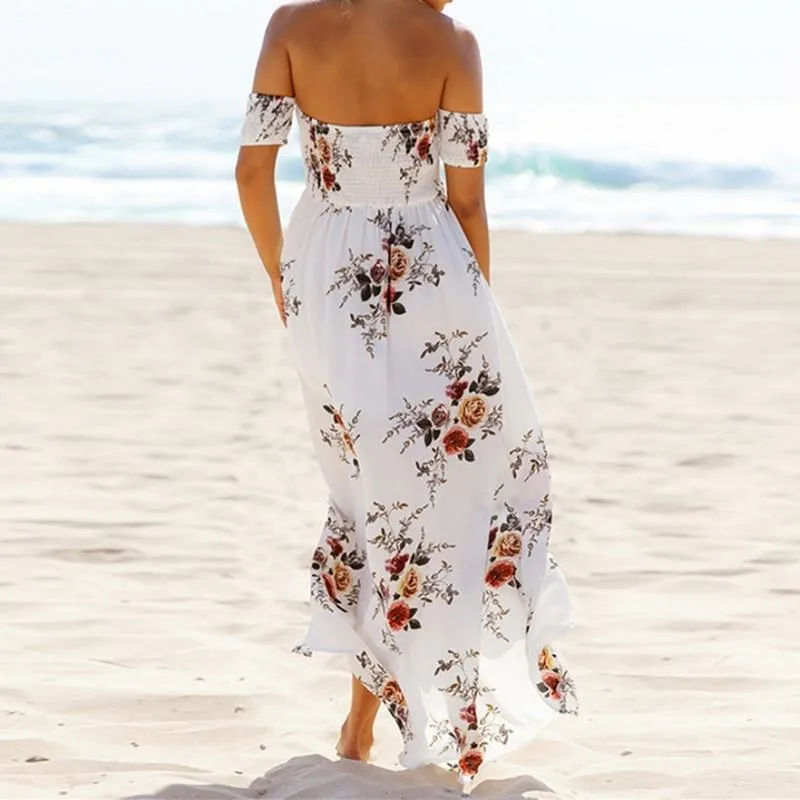 Bohemian Style Floral Print Off Shoulder Ankle-length Party Dress For Women