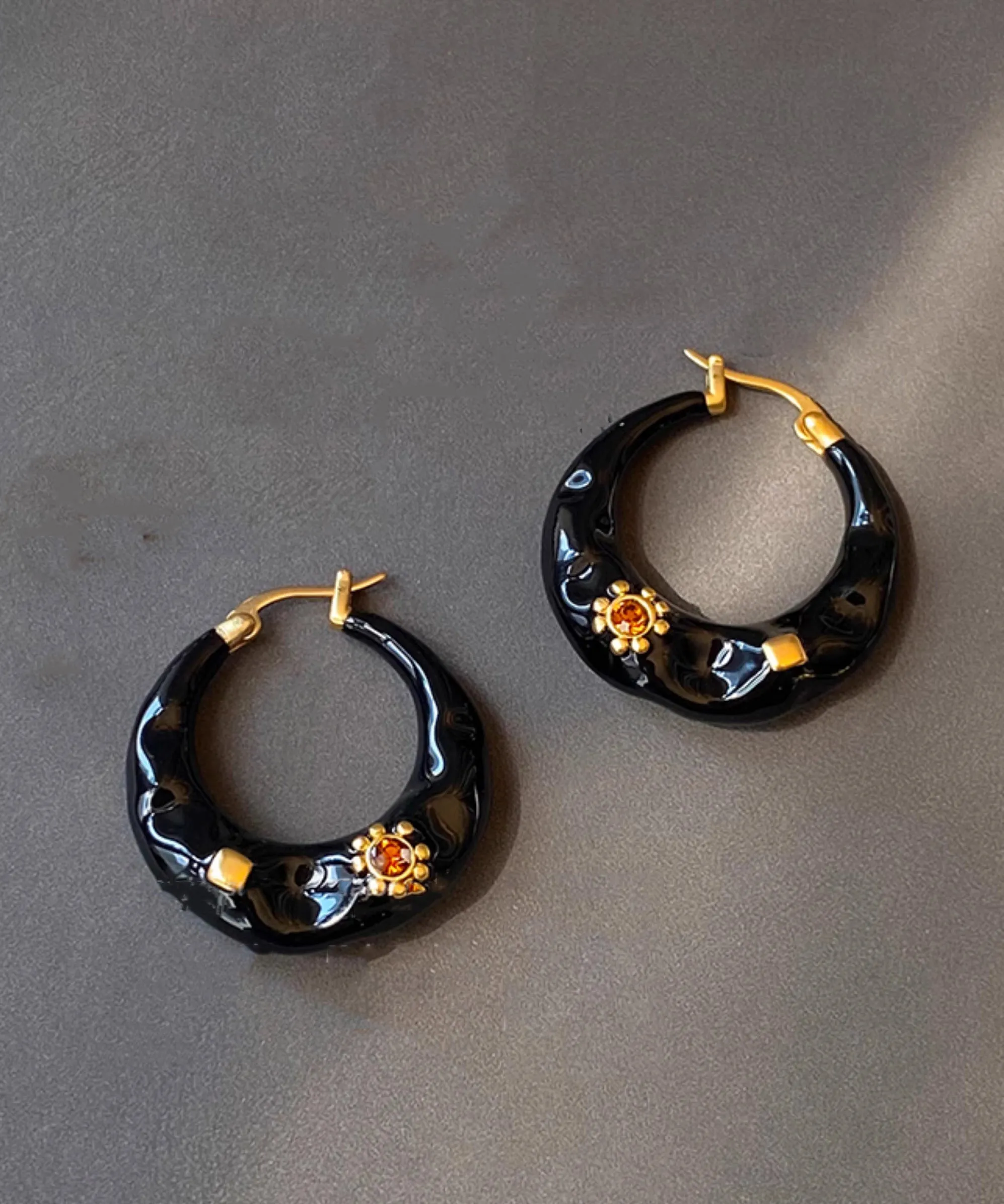 Boho Black Copper Alloy Enamel Drop Glaze C Shaped Hoop Earrings RA019