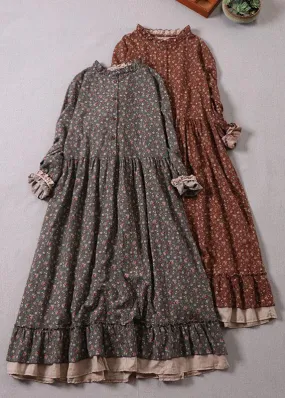 Boho Grey Ruffles Ruffled Patchwork Fall Print Long Dresses Long sleeve