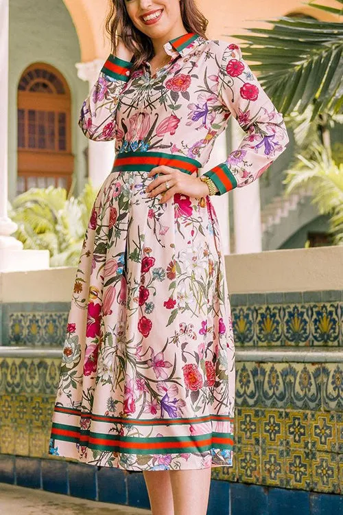 Button Floral Print Long Sleeve Pleated Dress