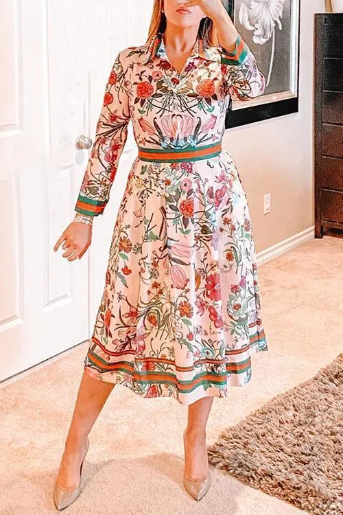 Button Floral Print Long Sleeve Pleated Dress