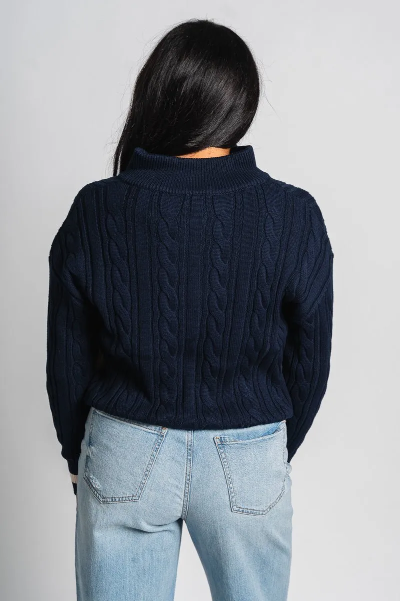 Cable knit zip pullover sweater navy/taupe