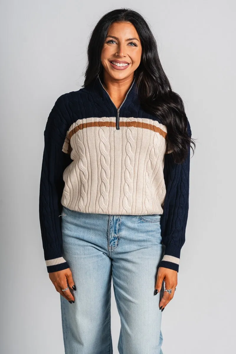 Cable knit zip pullover sweater navy/taupe