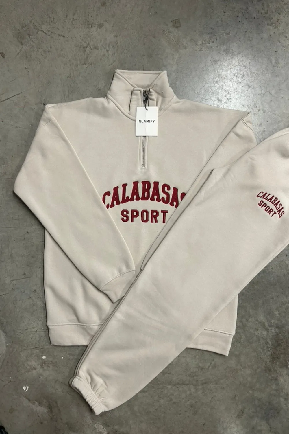 Calabasas bone and burgundy embroidered 3/4 sweater and jogger set