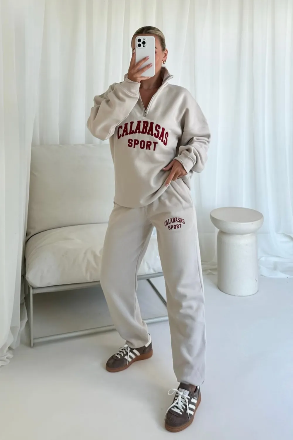 Calabasas bone and burgundy embroidered 3/4 sweater and jogger set