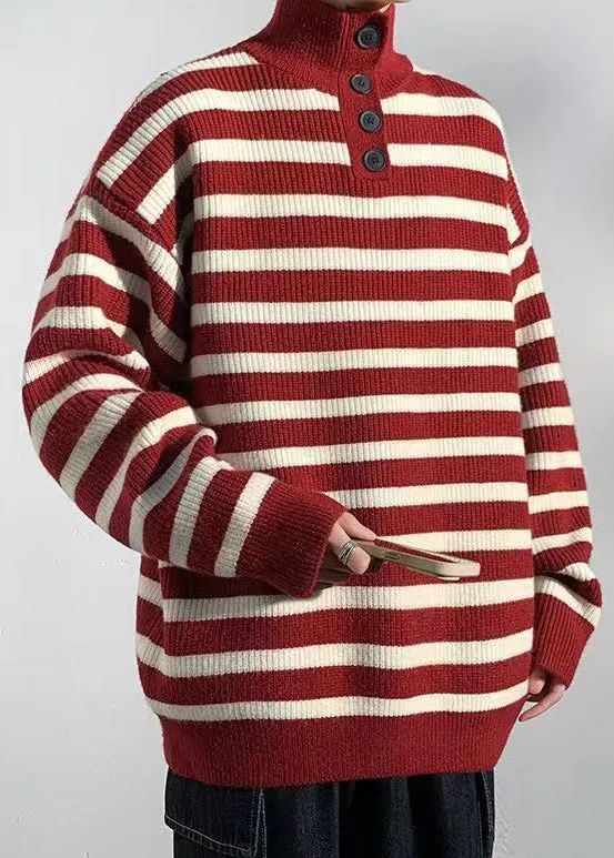 Casual Red Striped Button Knit Mens Sweaters Winter RJ044