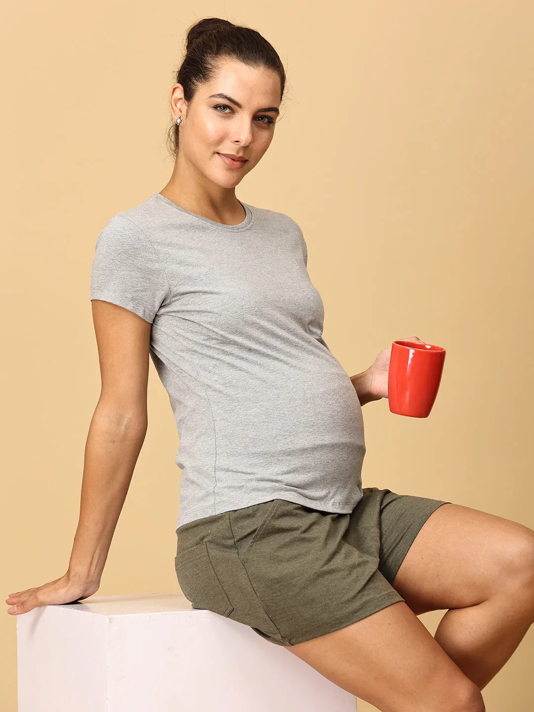 Comfy Maternity Shorts- Olive Melange