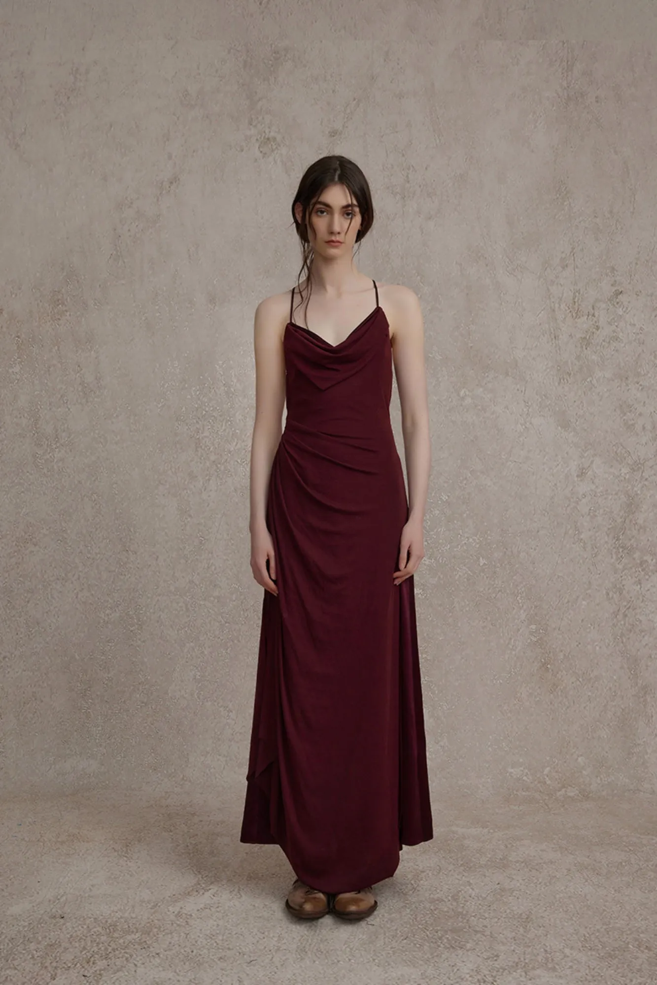 Dark Red Knitted Scoop Neck Maxi Dress