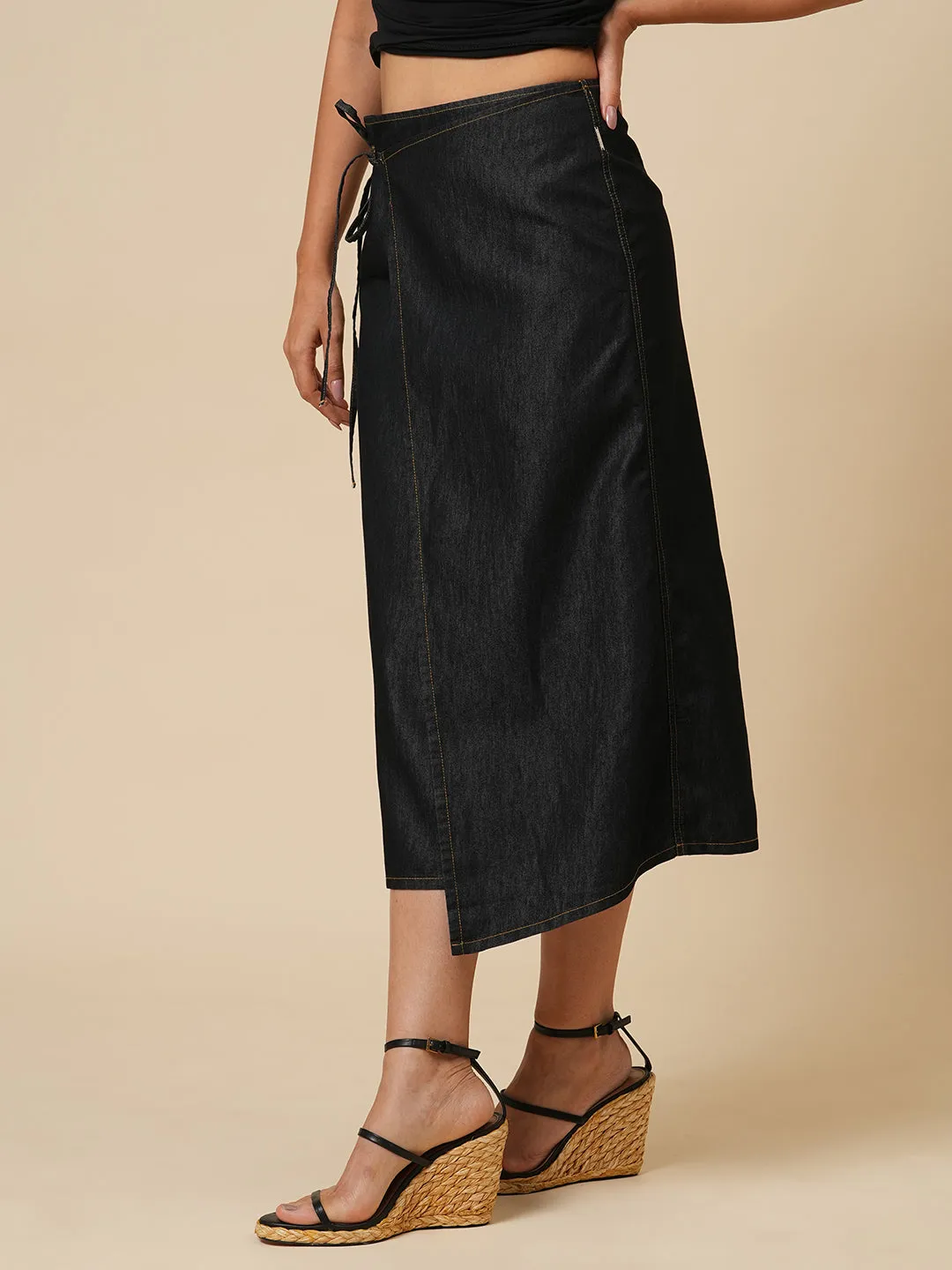 DENIM FAUX WRAP SKIRT 