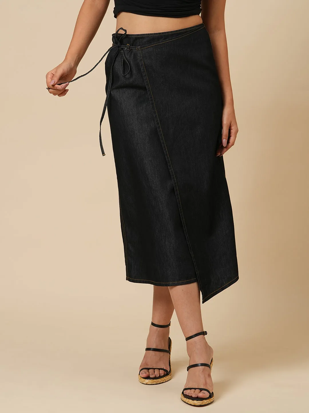 DENIM FAUX WRAP SKIRT 