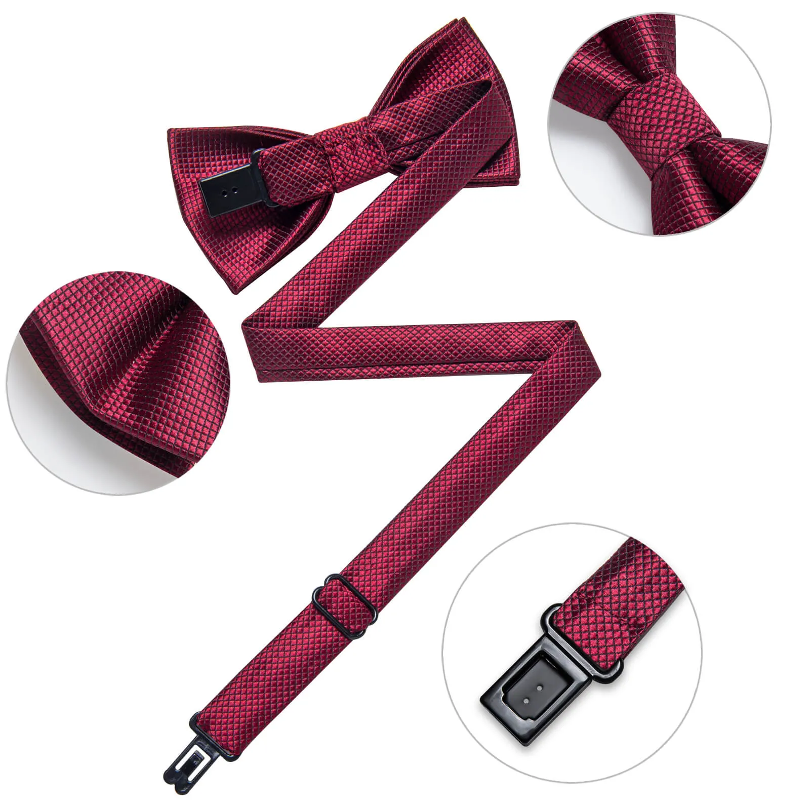 DiBanGu Kids Bow Tie Maroon Red Plaid Silk Pre-Bow Tie Hanky Set