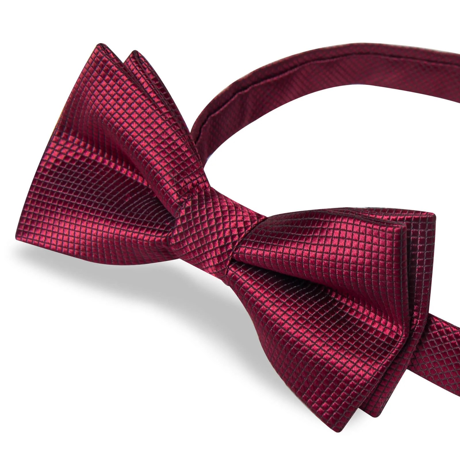 DiBanGu Kids Bow Tie Maroon Red Plaid Silk Pre-Bow Tie Hanky Set