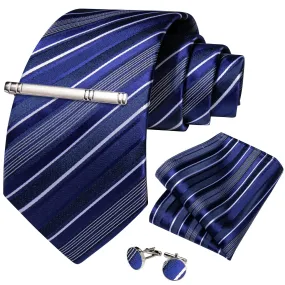 DiBanGu Silk Tie Blue White Stripe Men's Tie Handkerchief Cufflinks Clip Set