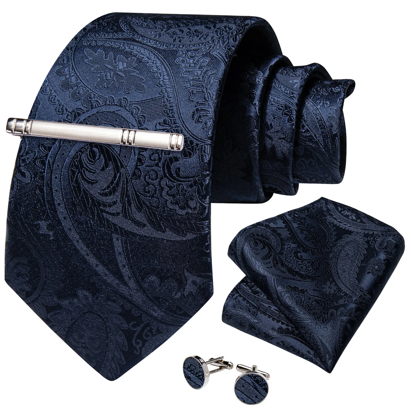 DiBanGu Silk Tie Dark Blue Floral Men's Tie Handkerchief Cufflinks Clip Set