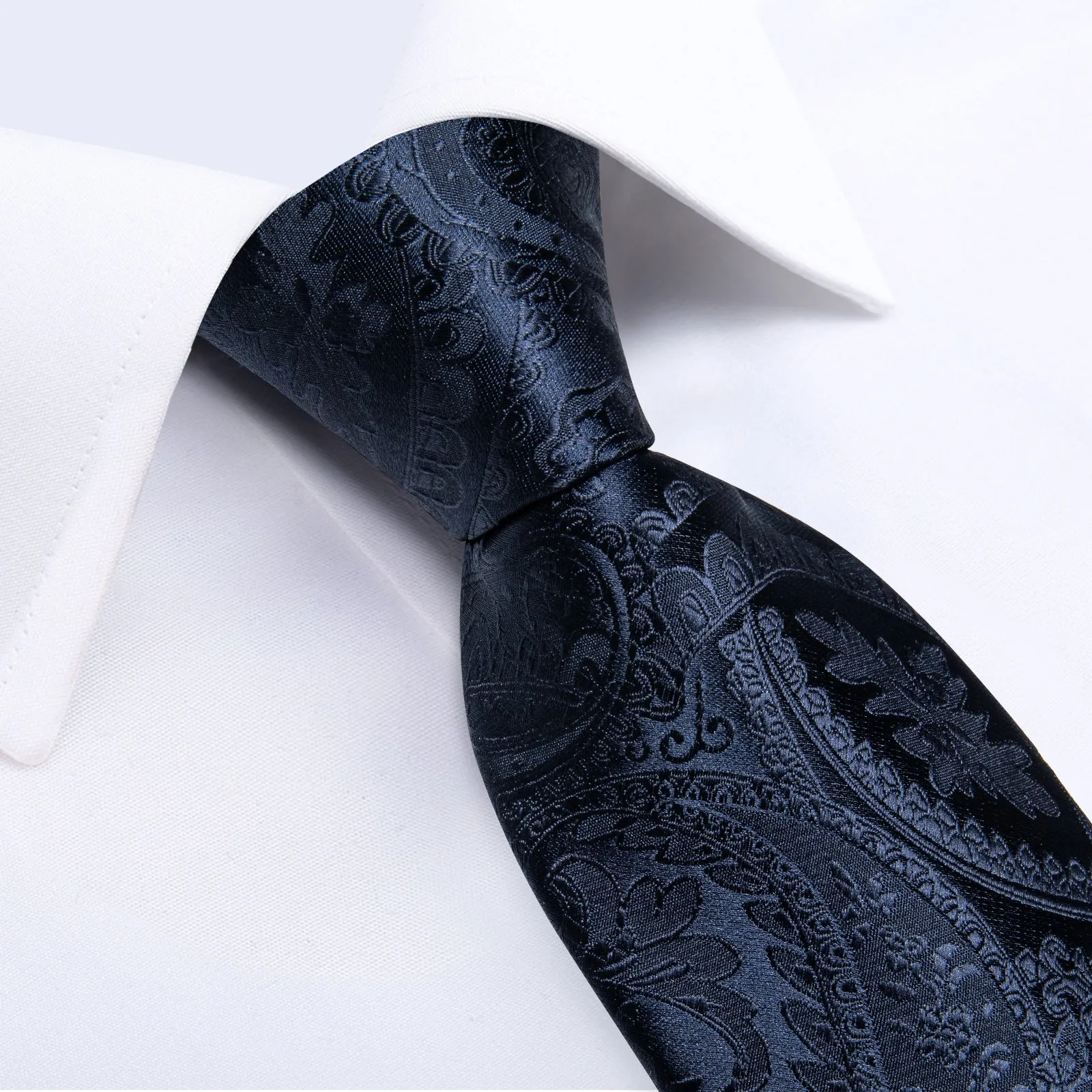 DiBanGu Silk Tie Dark Blue Floral Men's Tie Handkerchief Cufflinks Clip Set