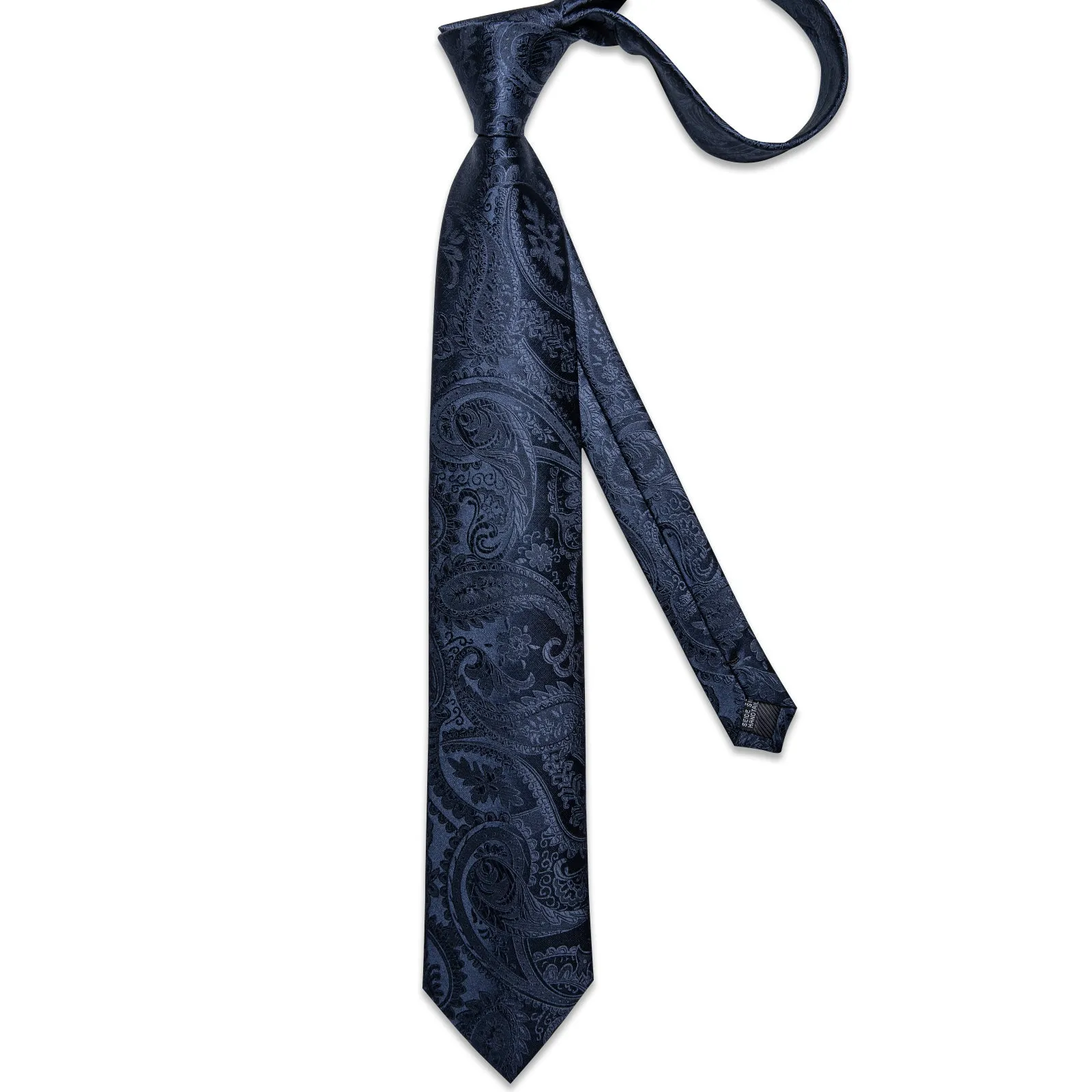 DiBanGu Silk Tie Dark Blue Floral Men's Tie Handkerchief Cufflinks Clip Set