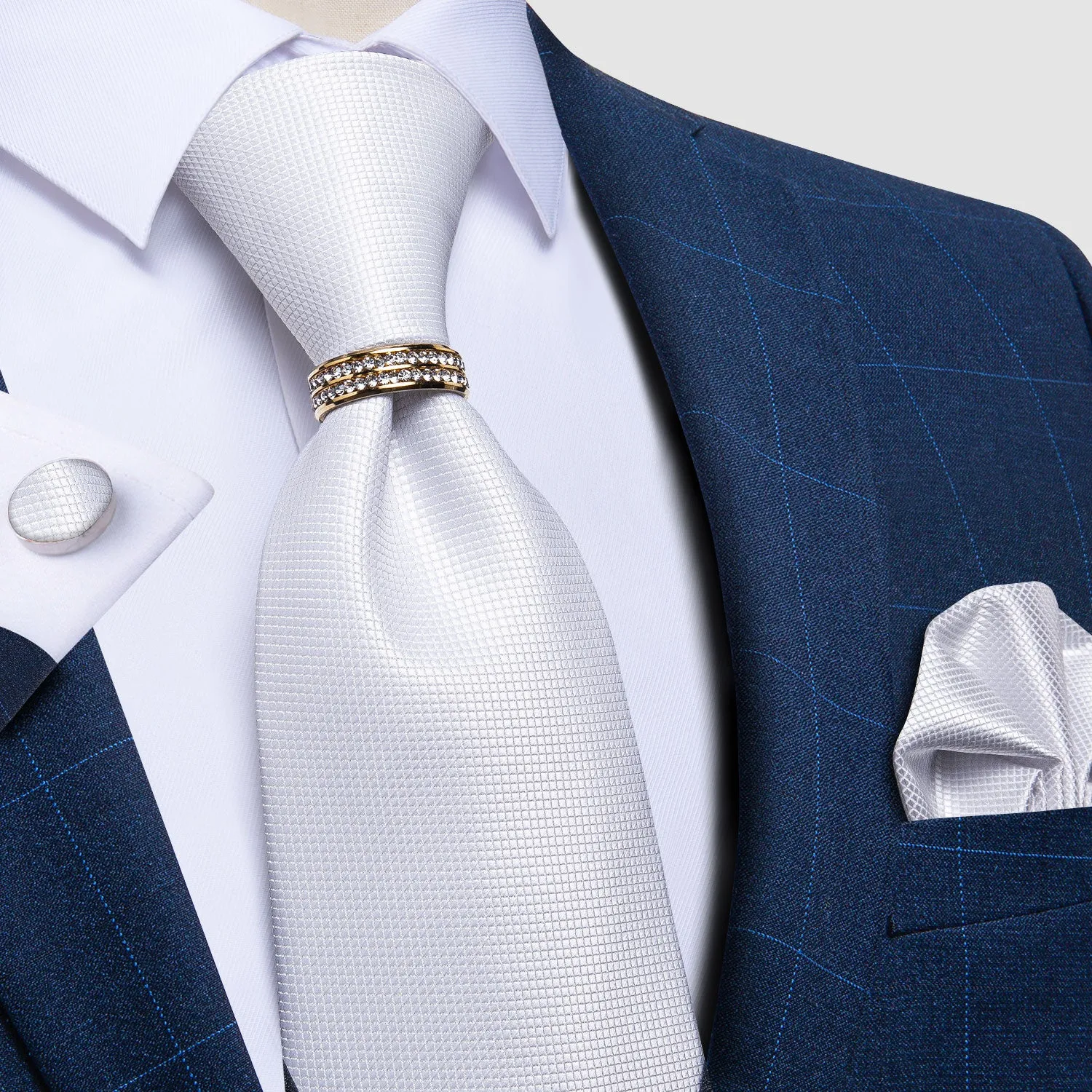 DiBanGu Silk Tie Ring Set White Solid Men's Tie Pocket Square Cufflinks with Tie Ring Set