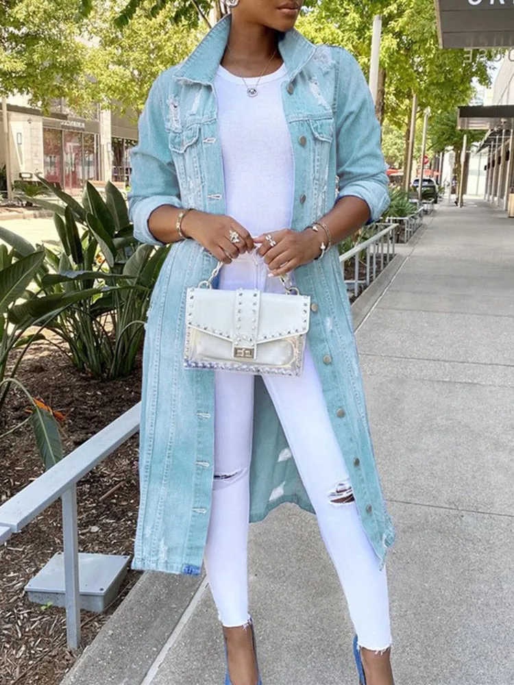 Distressed Denim Vintage Long Jean Jacket S-Plus sizes