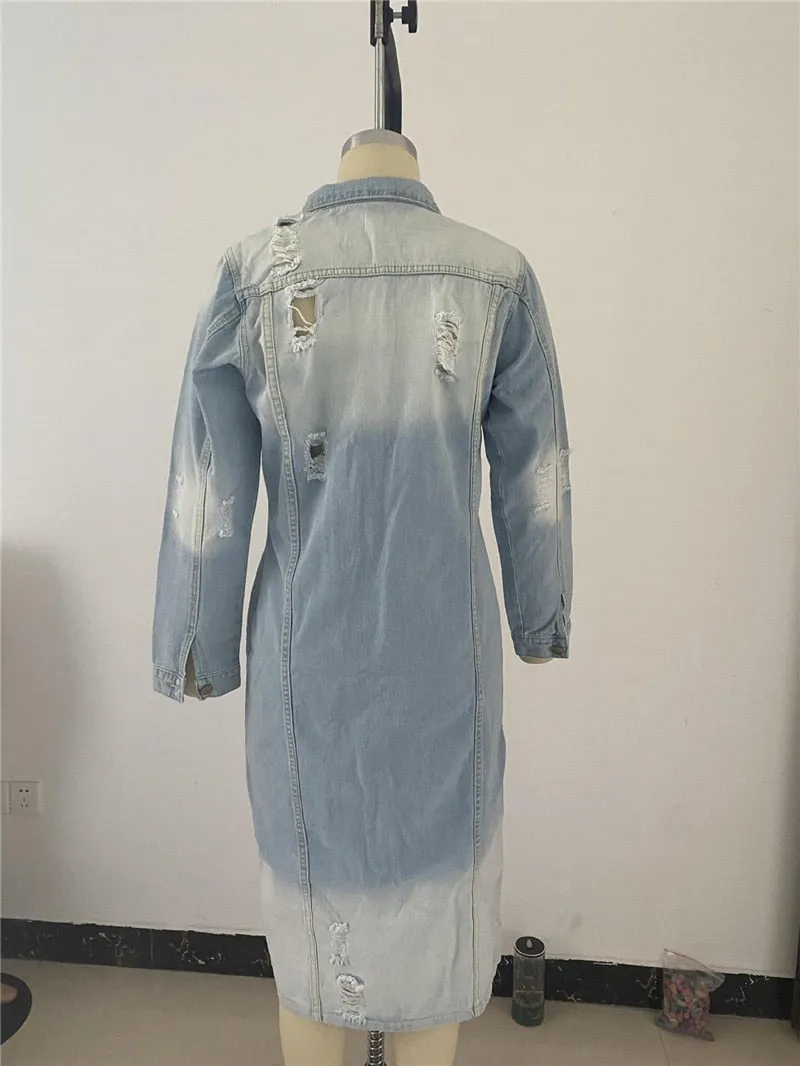 Distressed Denim Vintage Long Jean Jacket S-Plus sizes