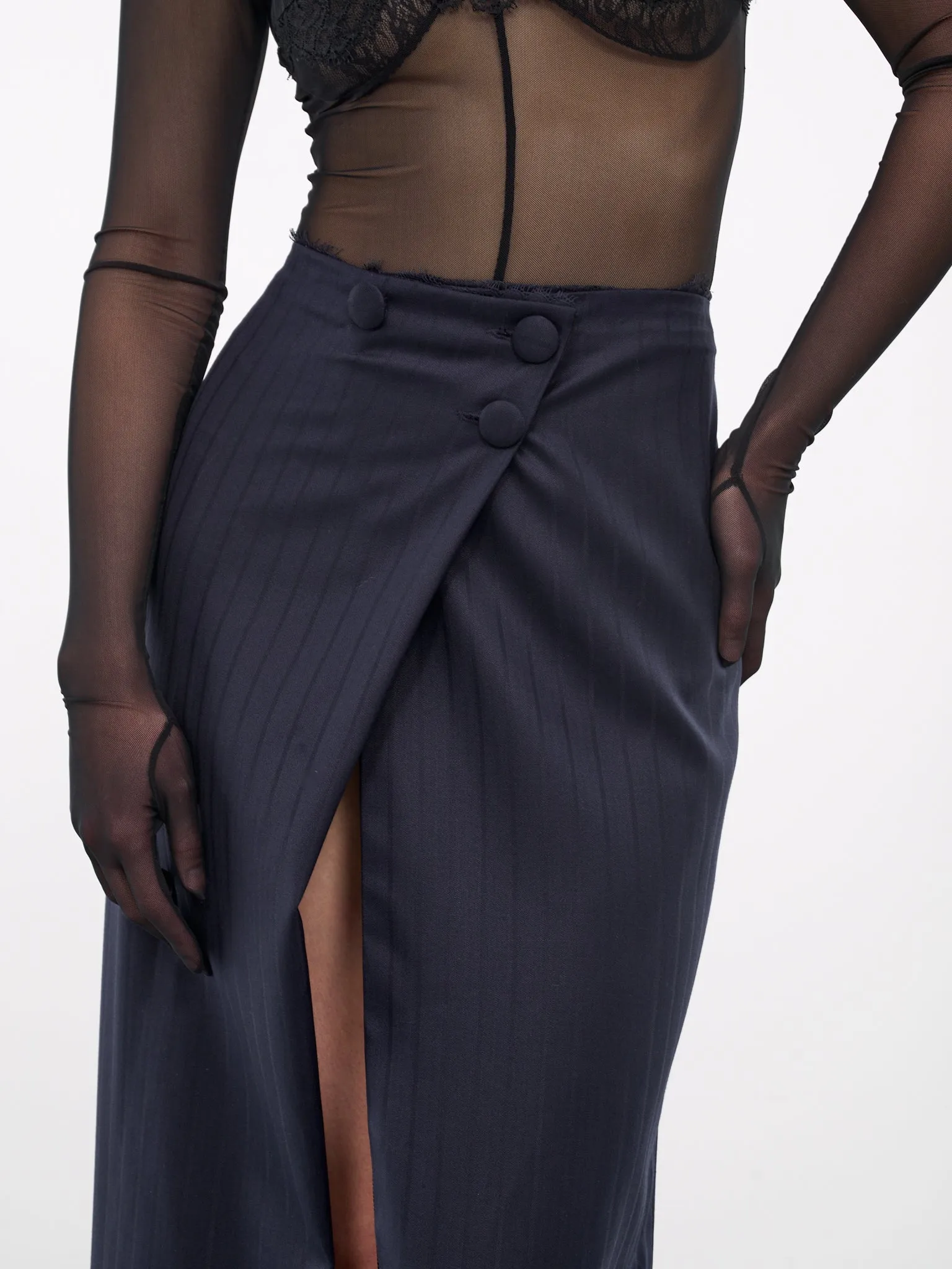 Draped Pinstripe Wrap Skirt (SBHL074-NAVY)