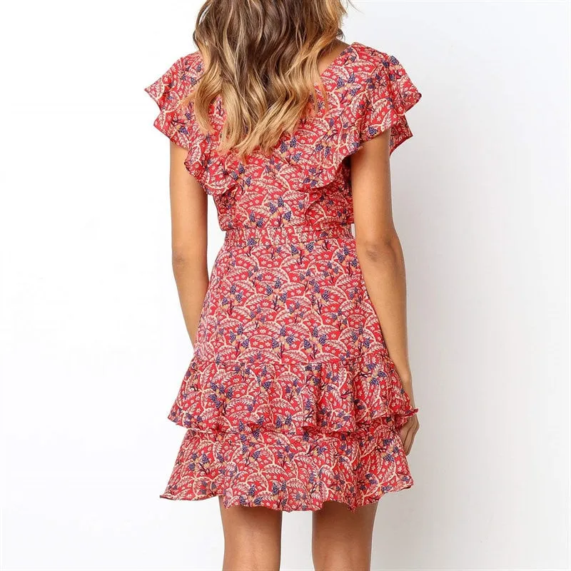 Dress Women Floral Print Sashes Beach