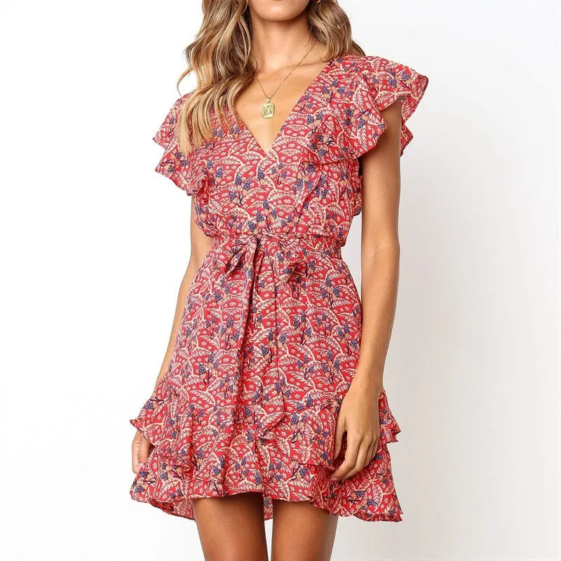 Dress Women Floral Print Sashes Beach