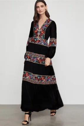 Embroidered V Neck Long Sleeve Boho Chic Maxi Dress - Black