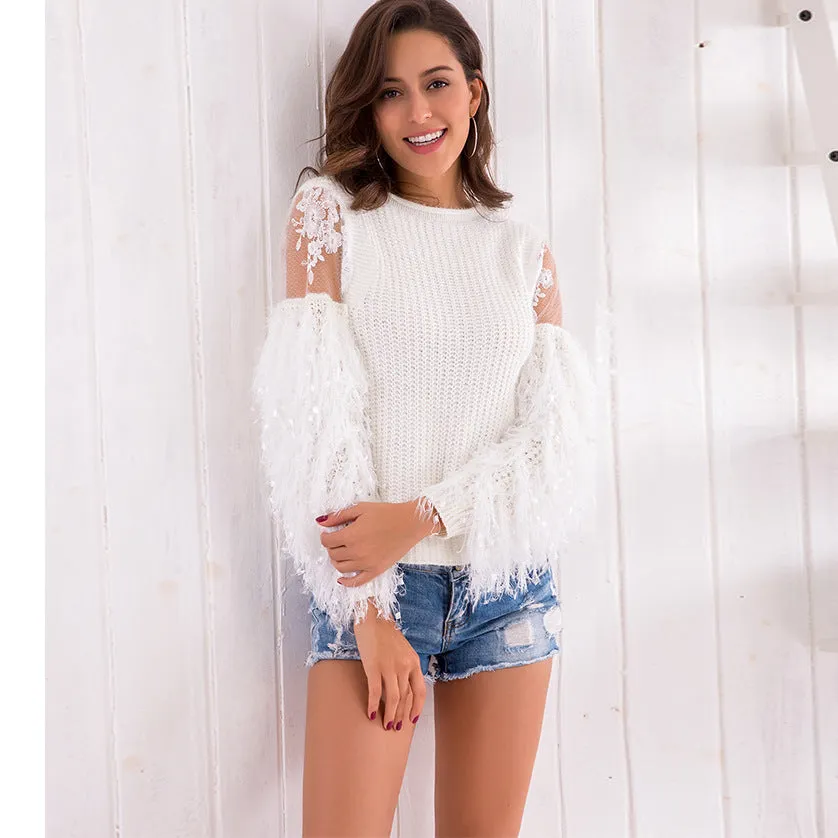 Fashion Tassel Patchwork  Round Neck Sweaters