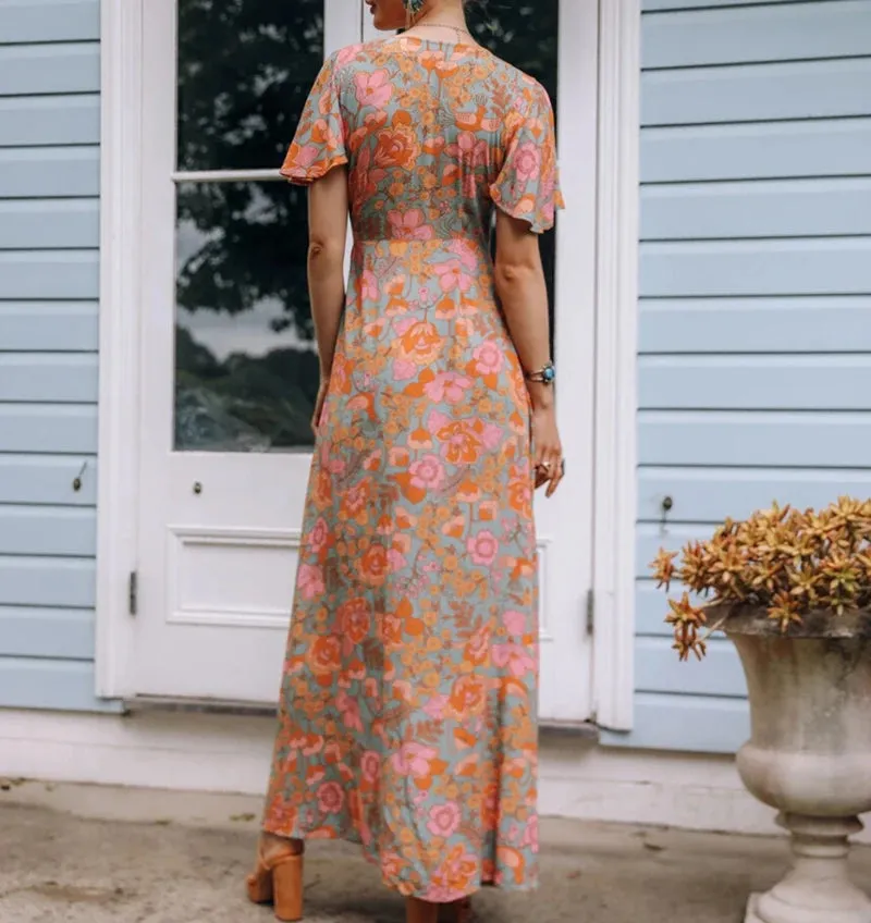 FashionSierra-Cotton  Orange Floral Print  Maxi Wrap  Women  2024  Vintage  Deep V Neck  Long  Summer  Vestidos  Beach  Robe Boho Dress