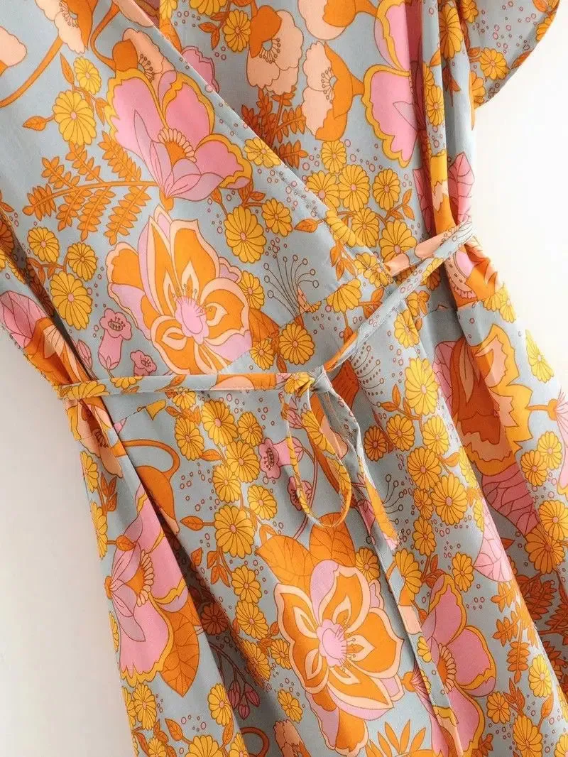 FashionSierra-Cotton  Orange Floral Print  Maxi Wrap  Women  2024  Vintage  Deep V Neck  Long  Summer  Vestidos  Beach  Robe Boho Dress