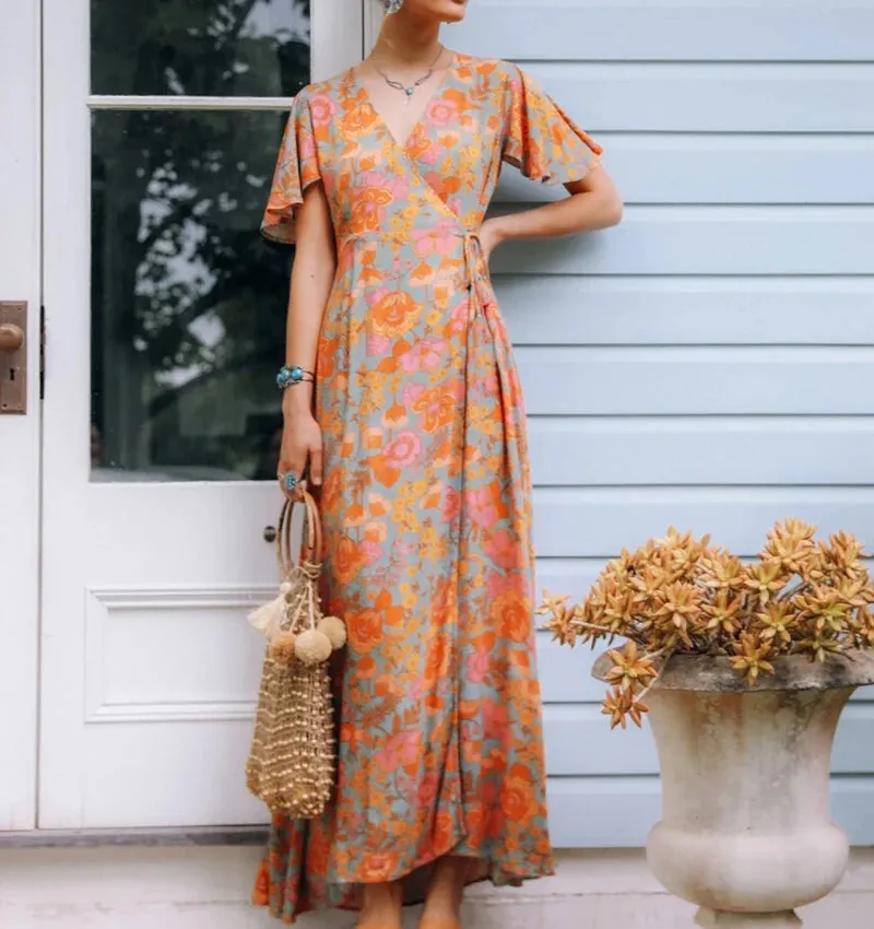 FashionSierra-Cotton  Orange Floral Print  Maxi Wrap  Women  2024  Vintage  Deep V Neck  Long  Summer  Vestidos  Beach  Robe Boho Dress