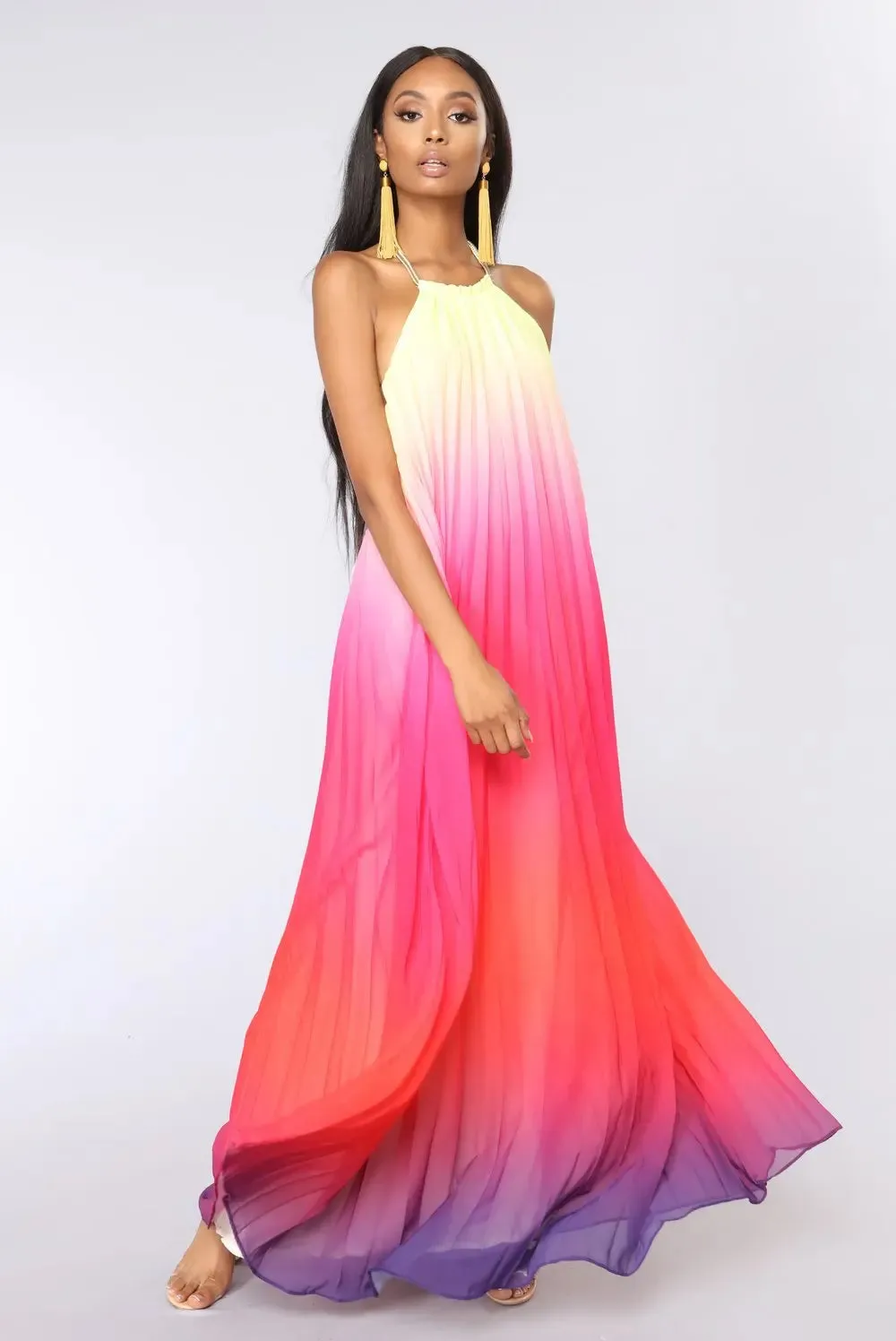 FashionSierra-Elegant  Party  Chiffon  Rainbow Floral Print  Maxi  Women  Sexy  Backless  Halter  Long  Summer  Beach  Robe Boho Dress