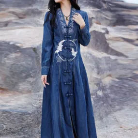 FashionSierra-Ladies  QiPaoShi  Denim  Wind  Maxi  Retro  Swan Embroidery  Button  V Neck  Fashion Boho Dress