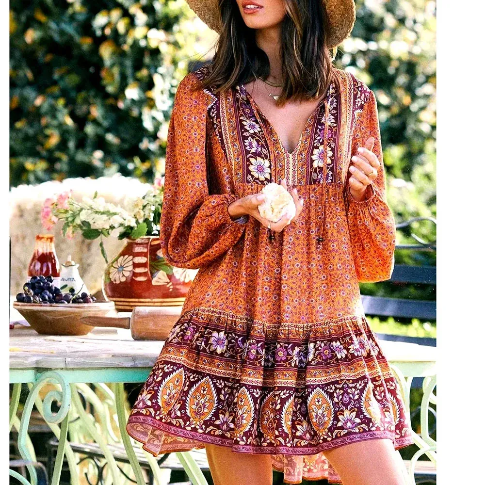 FashionSierra-Lantern Long Sleeve  Mini  Women  Floral Print  Tunic  Robe  Autumn  Short  Vintage  V-neck  Loose  Vestidos Boho Dress