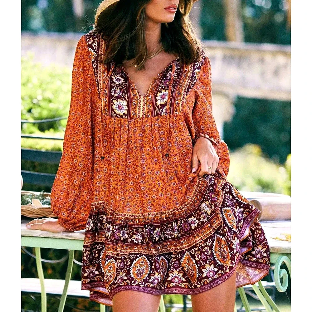 FashionSierra-Lantern Long Sleeve  Mini  Women  Floral Print  Tunic  Robe  Autumn  Short  Vintage  V-neck  Loose  Vestidos Boho Dress