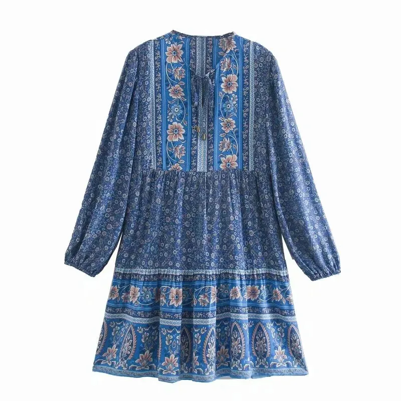 FashionSierra-Lantern Long Sleeve  Mini  Women  Floral Print  Tunic  Robe  Autumn  Short  Vintage  V-neck  Loose  Vestidos Boho Dress