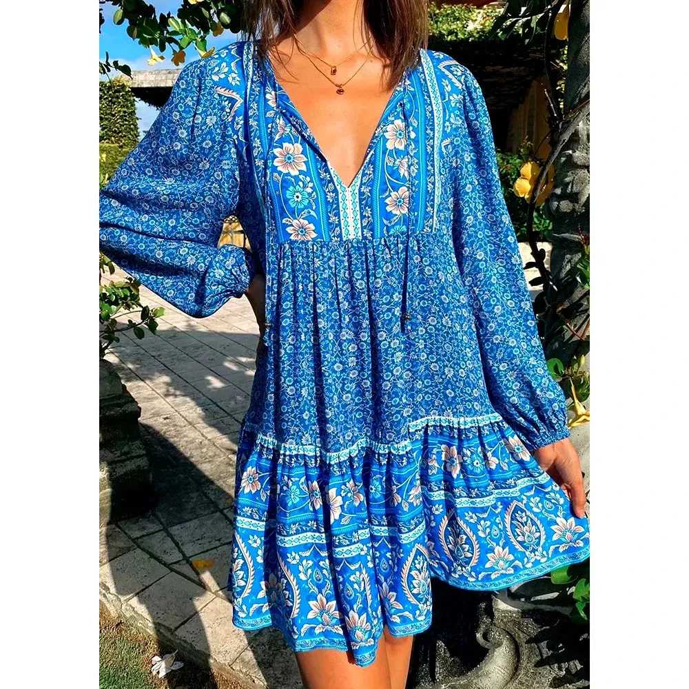 FashionSierra-Lantern Long Sleeve  Mini  Women  Floral Print  Tunic  Robe  Autumn  Short  Vintage  V-neck  Loose  Vestidos Boho Dress