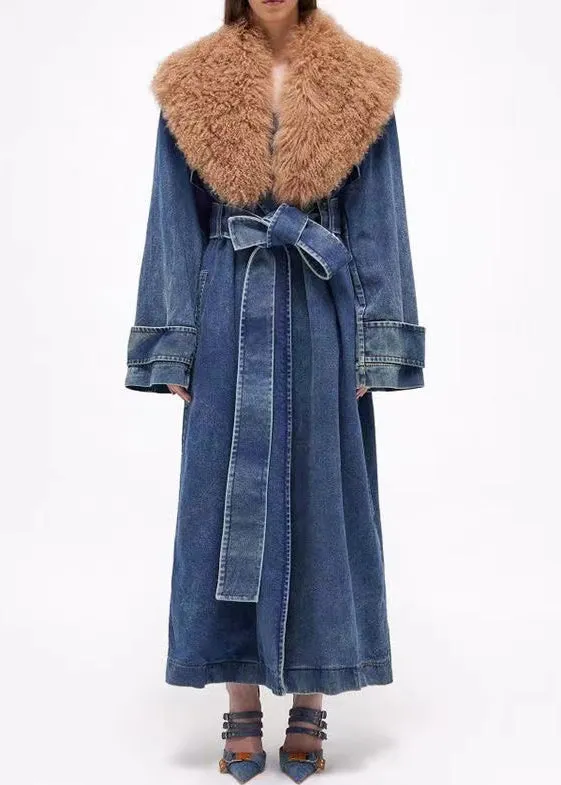 French Blue Fur Collar Tie Waist Denim Long Coats Winter WY017