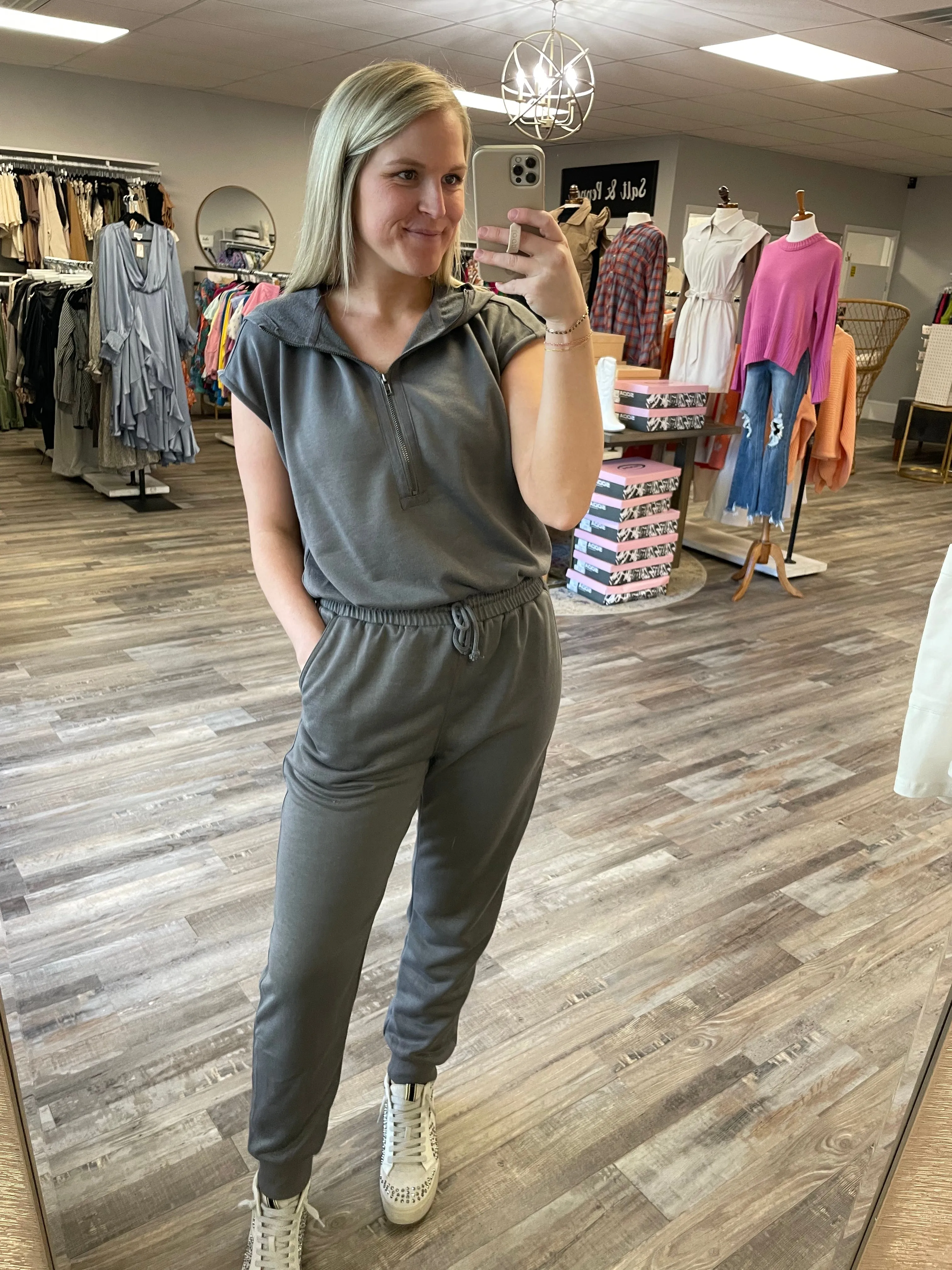 French Terry Hooded Jumpsuit - Charcoal