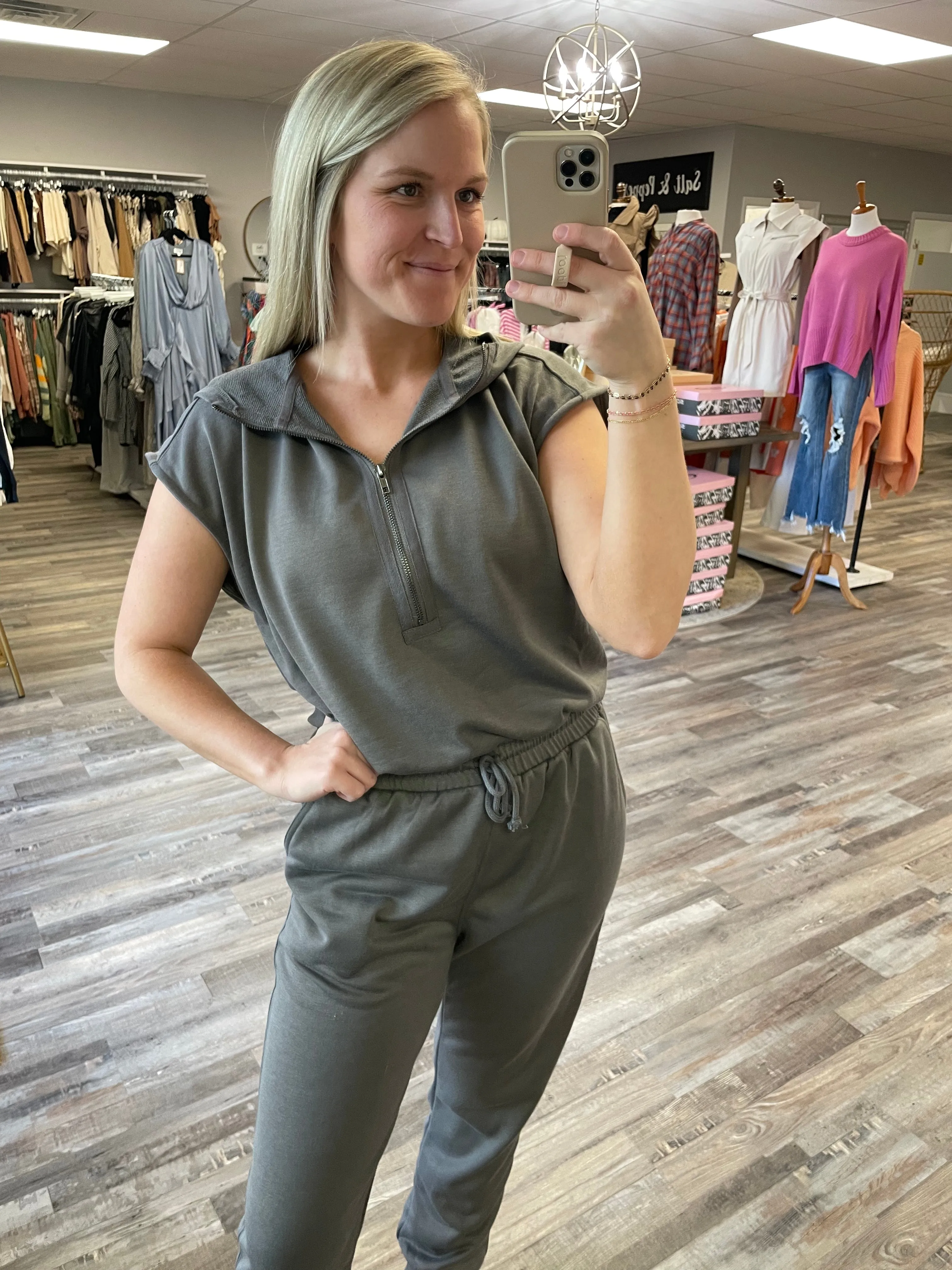 French Terry Hooded Jumpsuit - Charcoal