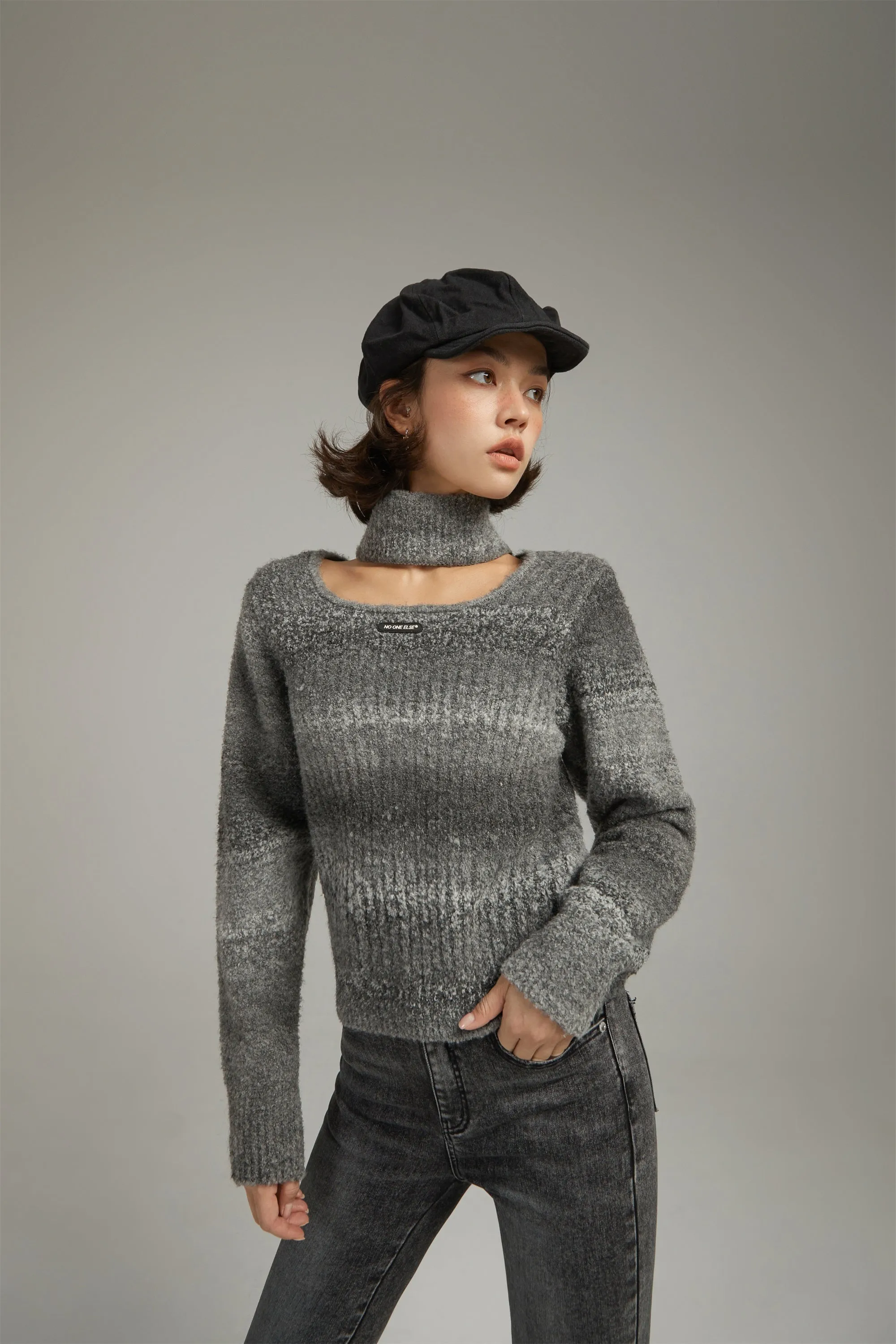 Front Cut Out High Neck Knit Sweater