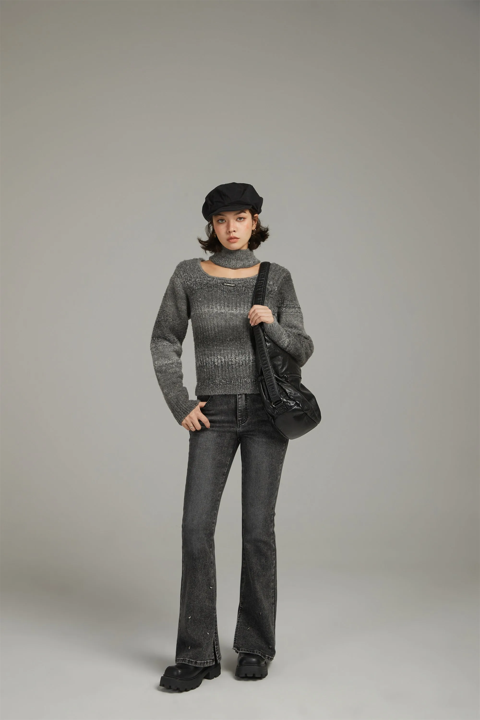 Front Cut Out High Neck Knit Sweater