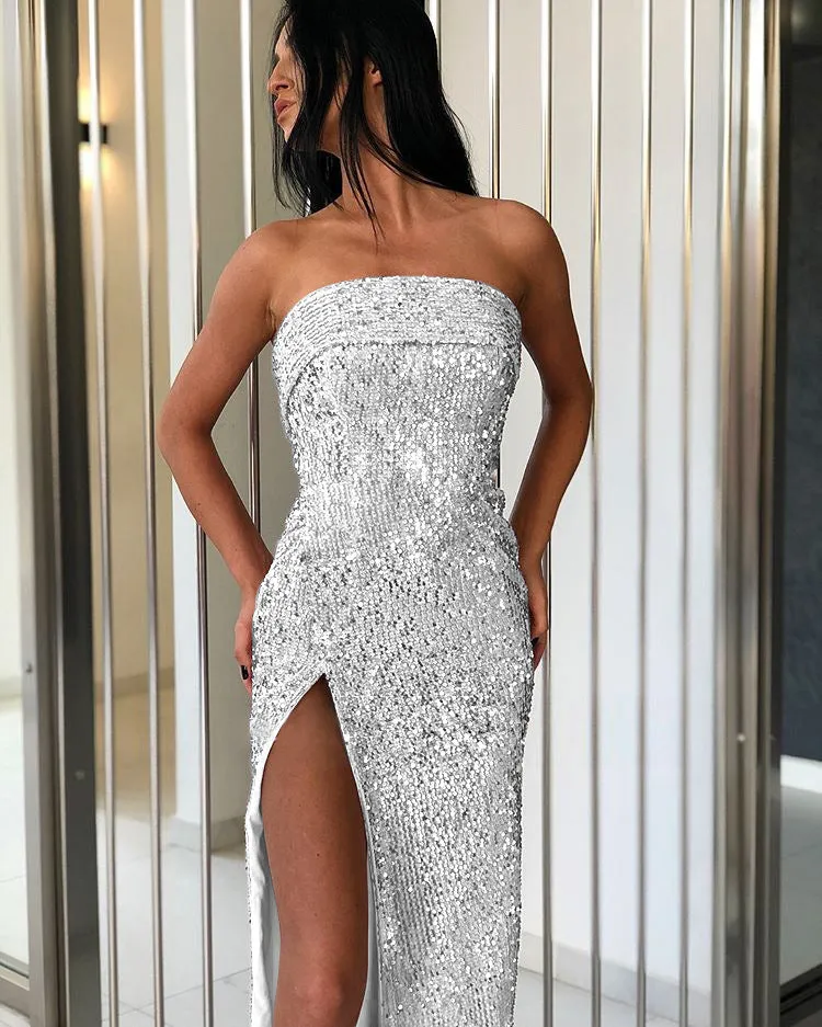 Glitter Detailed Draped Strapless Slit Bodycon Maxi Dress